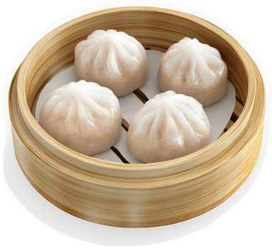 Four delicate steamed dumplings in a bamboo steamer. png