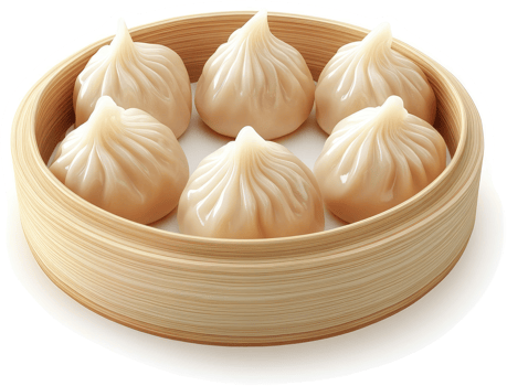 Steamed dumplings served in a bamboo steamer. png