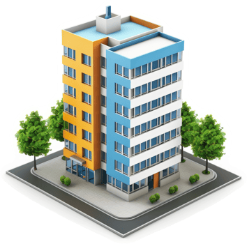 Colorful multi-story apartment building on city street. png