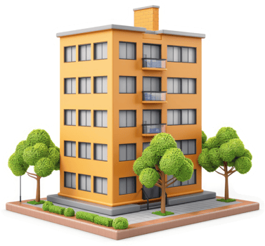 Urban apartment building with landscaping. png