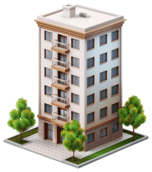Multi-story apartment building exterior with landscaping. png