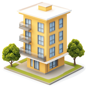 Three-story apartment building with trees on a grassy area. png