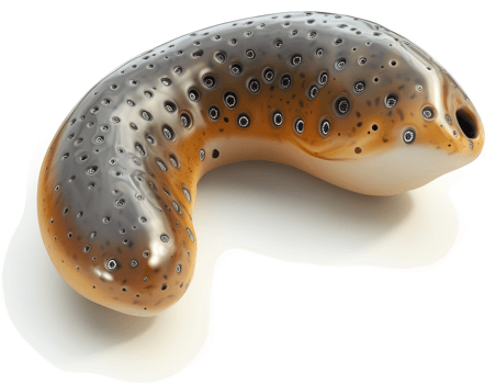 Unusual, curved fish-like sculpture with speckled design. png