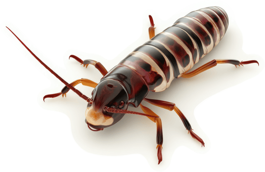 Striped, segmented insect with elongated body. png
