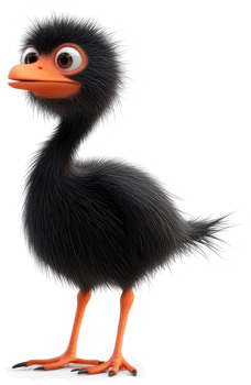 Cute black feathered chick with orange beak and legs. png