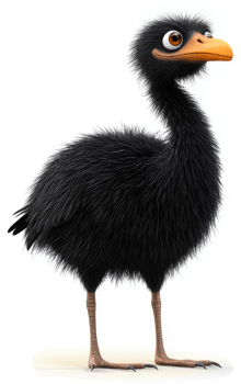 Cartoonish black emu with expressive eyes. png