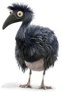 A fluffy, comical, dark gray bird character. png