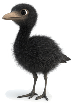 A fluffy, dark bird chick stands tall and proud. png