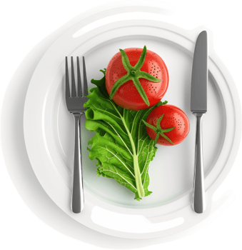 Fresh tomatoes and lettuce on a plate with cutlery. png