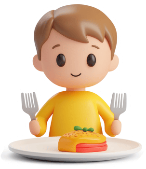 Cartoon boy happily eating a meal. png