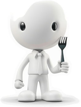 Smiling, white cartoon figure holds a fork. png
