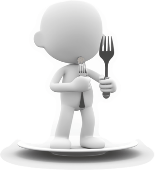 White cartoon figure eating with a fork. png