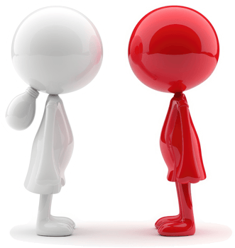 Two opposing figures, white and red, facing away from each other. png
