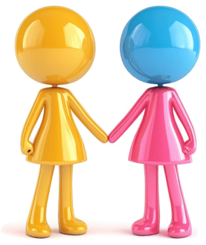 Two colorful figures, holding hands, in a friendly gesture. png