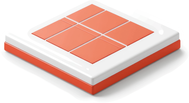 A six-part, coral-colored, interactive square device. png