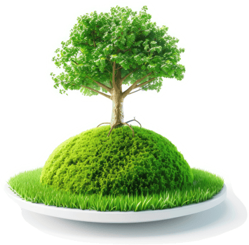Lush green tree atop a grassy mound on a white plate. png
