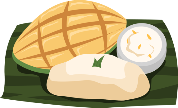 Mango sticky rice on banana leaf png