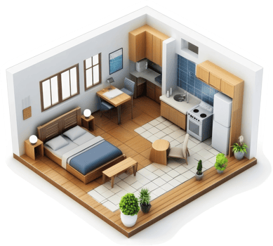 Compact studio apartment design with integrated kitchen. png