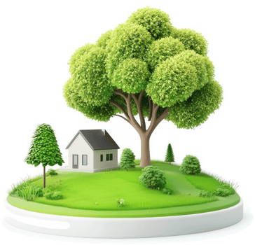 Small, verdant landscape with a home and trees. png