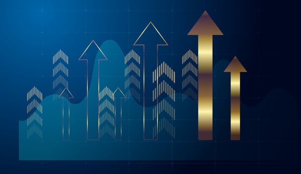 A dynamic blend of gold and blue with grid lines and arrows reflects strategic market acceleration and trade expansion. , illustration vector