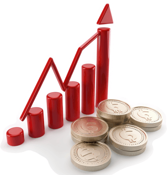 Red chart depicting financial growth with gold coins. png