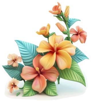 Vibrant tropical hibiscus blossoms and foliage arrangement. png