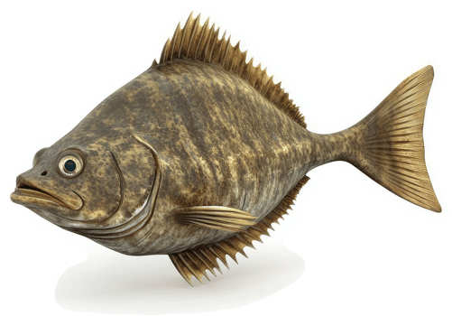 This is a rendering of a large, speckled, flatfish. png