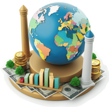 Global economic interconnectedness illustrated by a world map, money, and graphs. png