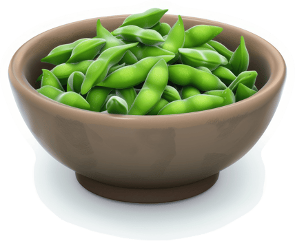 Fresh edamame pods in a light brown bowl. png