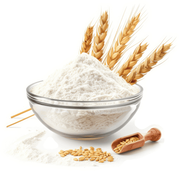 Wheat flour in a glass bowl, accompanied by wheat sprigs and seeds. png