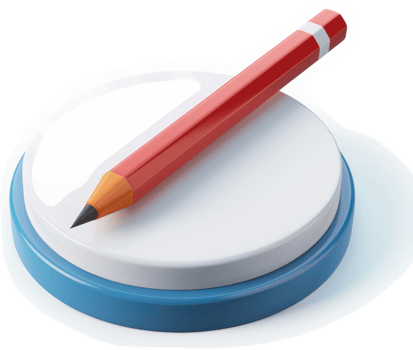 Red pencil positioned on a white and blue circular button. png