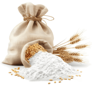 A burlap sack of flour, overflowing with grains and wheat stalks. png