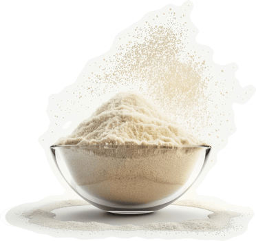 Light beige powder in a glass bowl, exploding in a gentle cloud. png