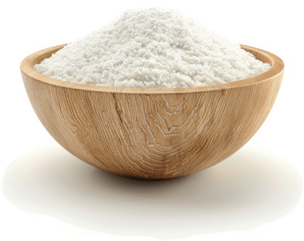 Wooden bowl filled with white powdered food product. png