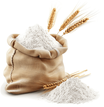 Flour in a burlap sack, accompanied by wheat stalks. png