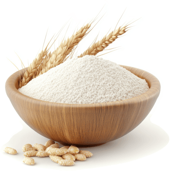 Wooden bowl filled with wheat flour and wheat stalks. png