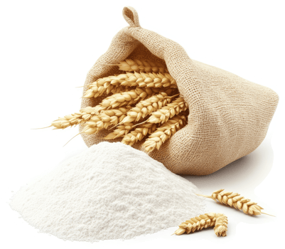 Wheat flour and wheat stalks in a burlap sack. png