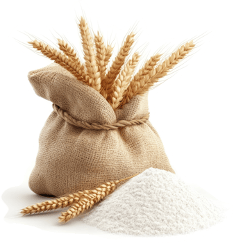 Wheat stalks and flour in a burlap sack. png