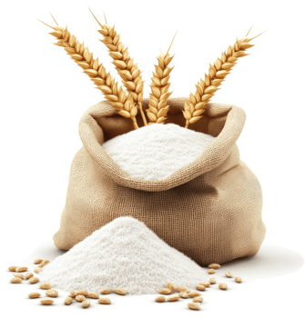 Wheat flour in a burlap sack with wheat stalks. png