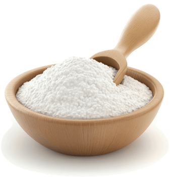 Wooden bowl filled with white powder and a wooden scoop. png