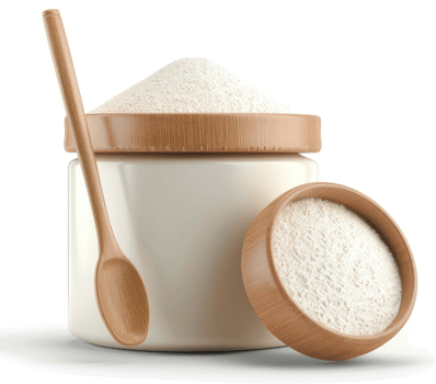 White powder in a decorative jar and wooden spoon. png