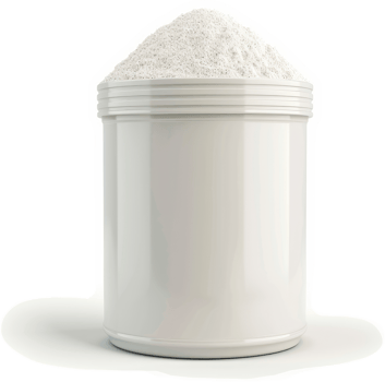 White powder supplement in a cylindrical container. png