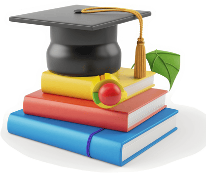 Graduation cap atop colorful books symbolizes academic achievement. png