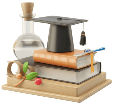 Stacked books, graduation cap, and flask symbolize academic achievement. png