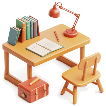 Orange study desk with books, lamp, and chair. png