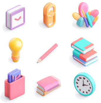 Collection of colorful 3D isometric school and office icons. png