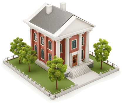 Classic red brick courthouse building with landscaping. png