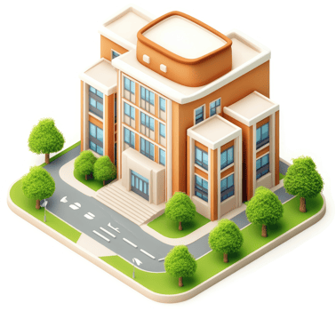 Multi-story school building with surrounding landscaping. png