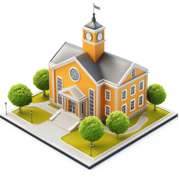 Vibrant, isometric depiction of a classic school building. png