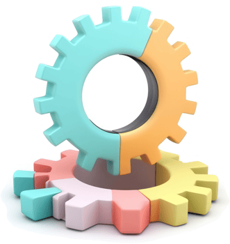 Interlocking gears representing teamwork and synergy. png